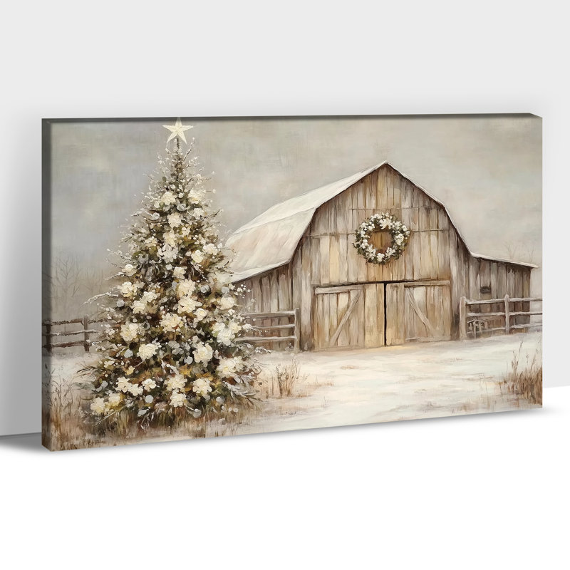 Grand Chalmers - Winter Barn Christmas Tree, décoration murale, art de campagne rétro, toile d'art mural pour salon, cadre encadré, 36 po x 48 po