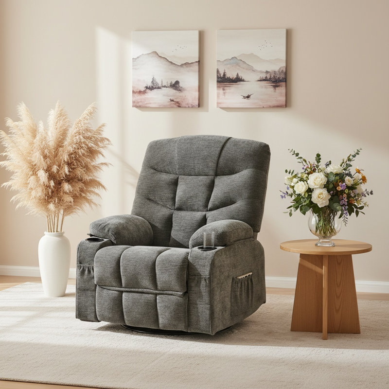 Fauteuil inclinable berçant pivotant à 360 °, siège inclinable simple manuel avec porte-gobelets, Mélange de polyester gris