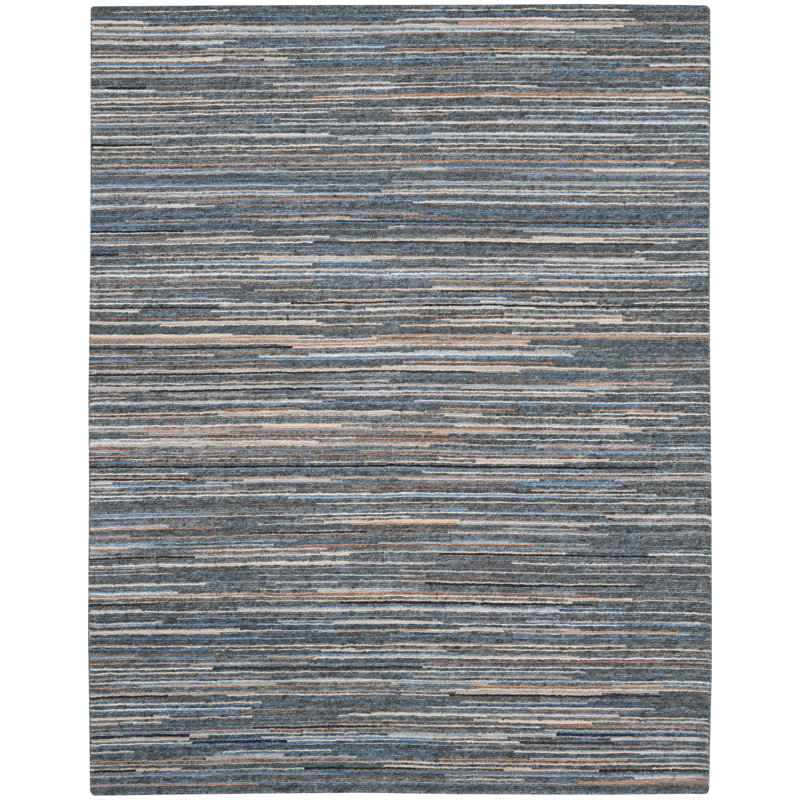 Tapis rayé bleu contemporain fait à la main Rennes, Rectangle 7 pi 9 po x 9 pi 9 po