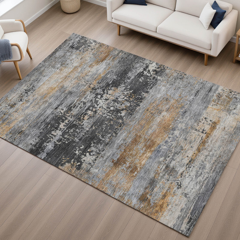Tapis abstrait lavable à la machine de qualité supérieure Mayfield AMF2146, Gris, Rectangle 5 pi x 7 pi 6 po
