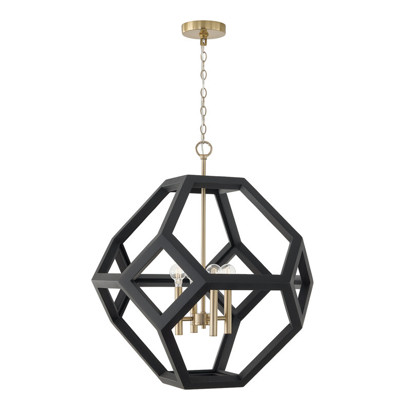 24" W x 28" H 4-Light Geometric Orb Pendant in Matte Brass with Handcrafted Mango Wood Hand-painted Flat Black