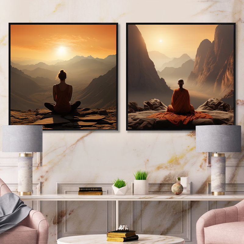 2 pièces sur toile - Yoga Mountain Pose Horizon, Cadre flottant noir, H 36 po x l 73 po