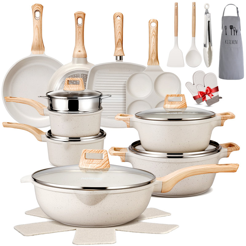 Ensemble de casseroles et de poêles 27 pièces, batterie de cuisine en céramique antiadhésive, ensemble de cuisine de cuisine saine avec gants, tablier, outils en silicone et protecteurs de casseroles, va au lave-vaisselle et au four, sans PFOa / pfos