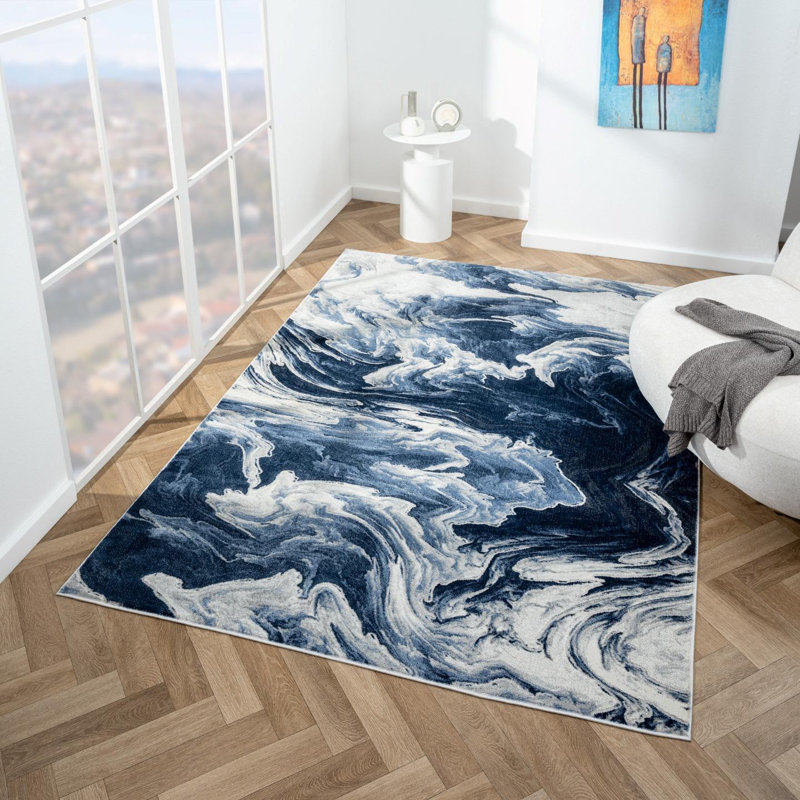 Tapis abstrait bleu en polypropylène tissé à la machine Jacleen, Rectangle 8 pi 7 po x 12 pi 7 po