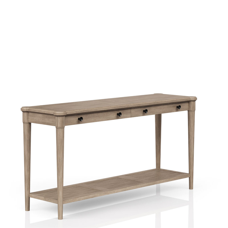 Table à finition sable avec de grands tiroirs de rangement et une tablette élégante à deux tiroirs