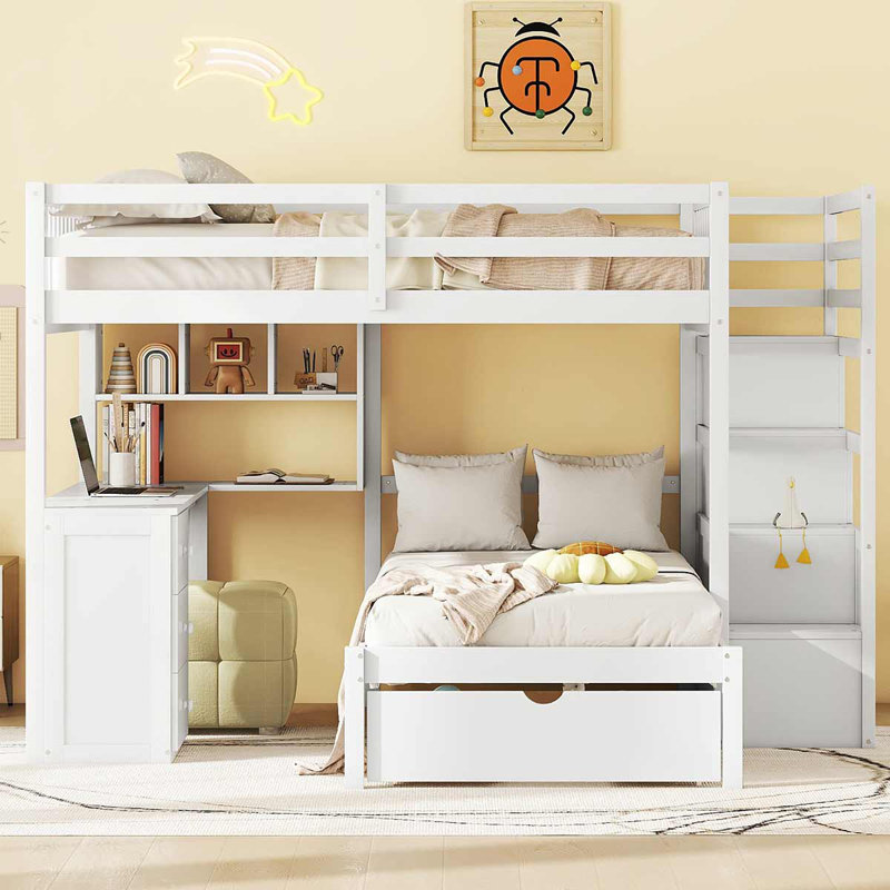 Lit superposé avec garde-robe et tiroirs, Blanc