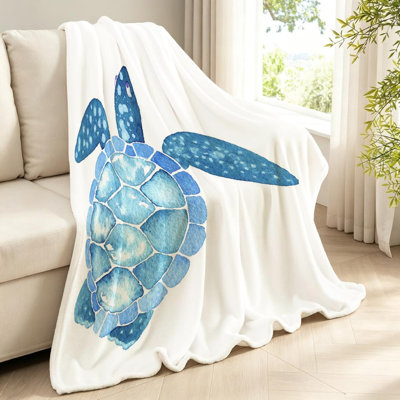 Jeté en flanelle bleue ultra douce, imprimé tortue aquarelle