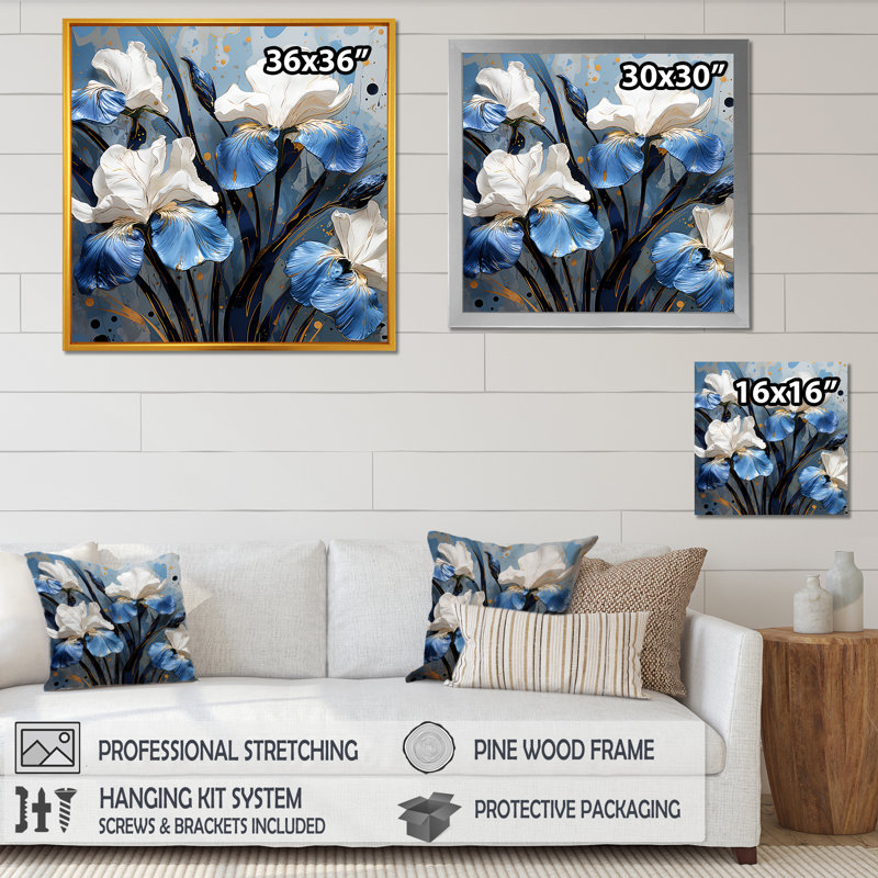 «Blue and White Garden Of Irises I», reproduction sur toile, Cadre flottant blanc, H 24 po x l 24 po x P 1 po