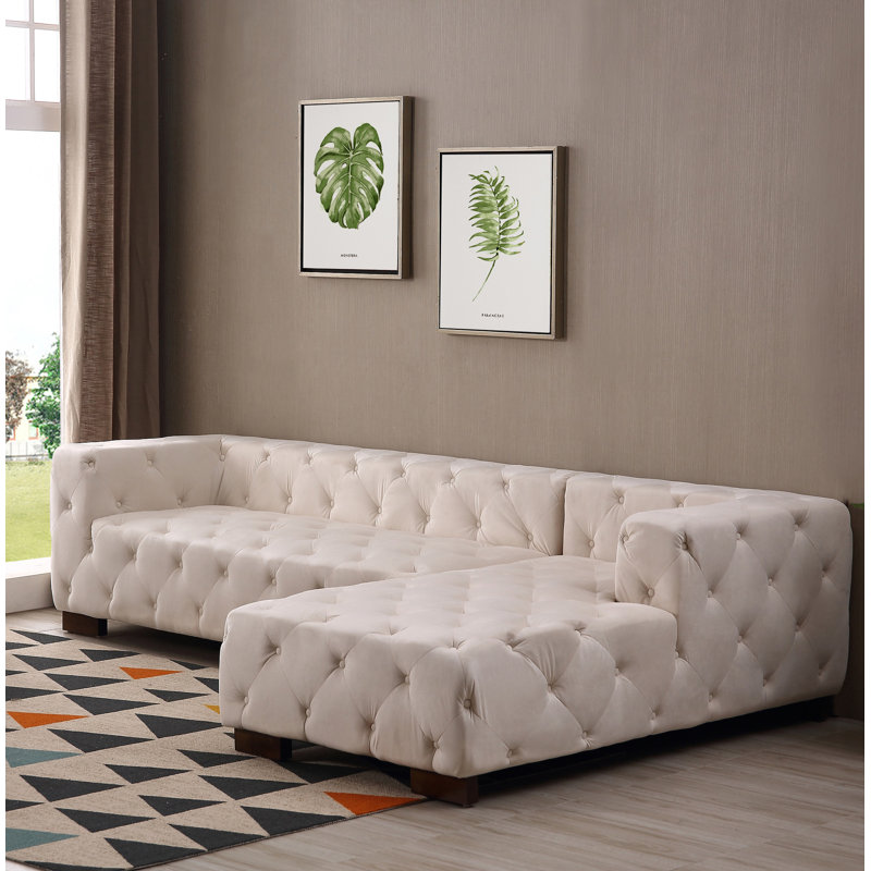 Canapé et chaise longue en velours de 114 po, Velours beige / brun clair, Orienté à droite (vu de face)