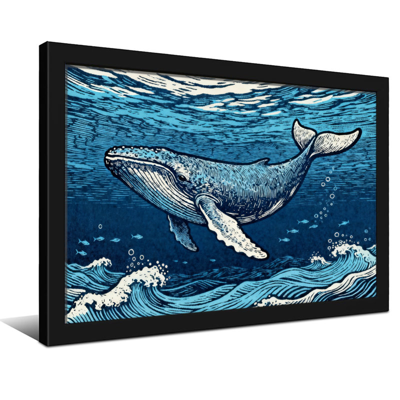 Baleine animal nageant dans un motif de vagues océaniques, H 16 po x l 24 po, Toile tendue, Ne s’applique pas