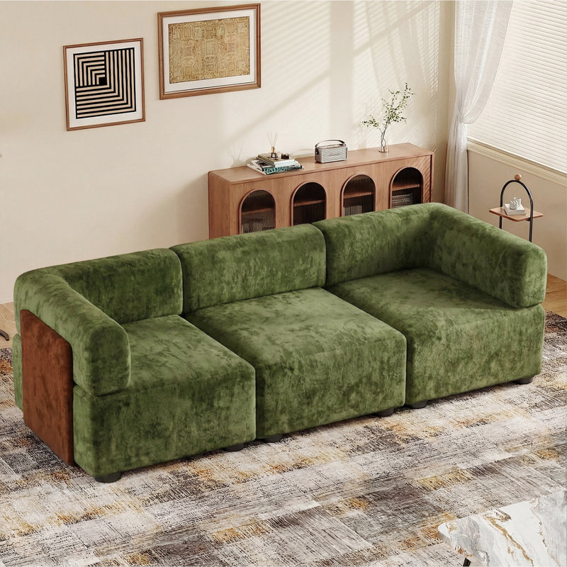 Modern Oversize 256cm Chenille Sofas No Tool Assembly Required Sectional Sofa, Green