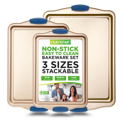 Nutrichef Kitchen Oven 3-piece Non-stick Baking Sheet Set In Gold