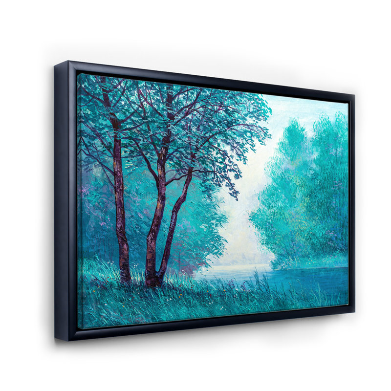 «Blue Colored Tree Impression III», peinture sur toile, H 30 po x l 40 po x 1,5 po, Cadre flottant noir