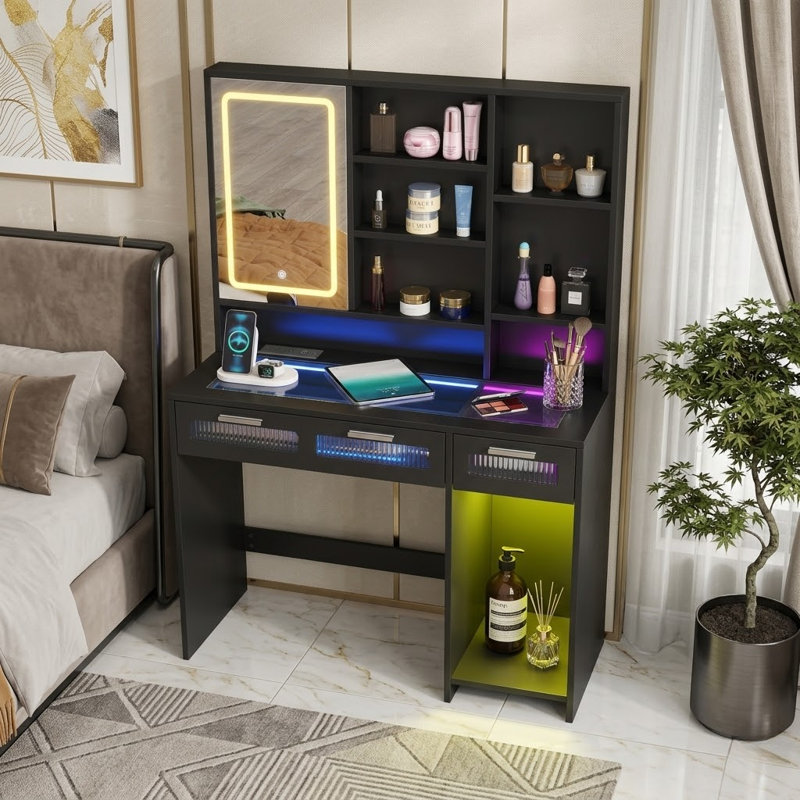 Meuble-lavabo de 43 po de largeur avec plateau en verre noir et miroir lumineux, Noir