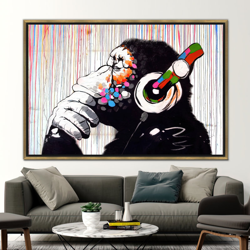 «Banksy Inspired Thinge Monkey Graffiti Art Canvas», affiche murale et décoration musicale unique, H 10 po x l 14 po, Doré