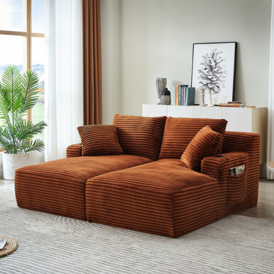 Chaise longue double avec porte-gobelets, siège en velours côtelé orange à 2 places pour se détendre dans le salon, style tissu, aucun assemblage requis pour la détente, tissu,
