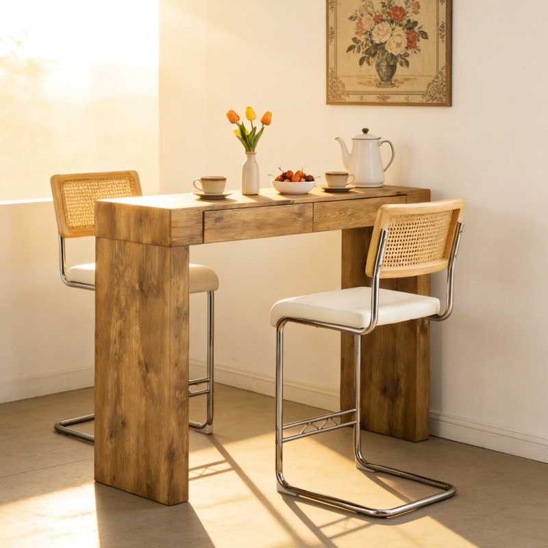 Ensemble de 2 pièces de chaise de bar en cuir PU, jumelé à une table de bar à grain de bois, avec fonction de rangement, convient aux restaurants et aux cafés
