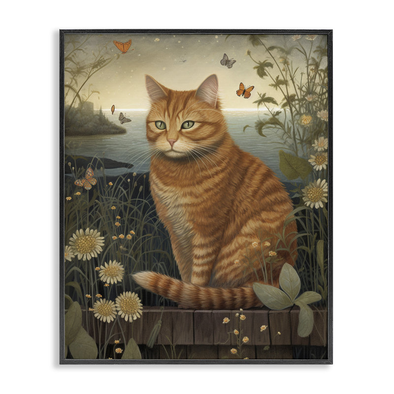 Chat orange près de l'étang par LSR Design Studio, H 20 po x l 16 po x P 1,5 po, Giclée encadrée noir minuit