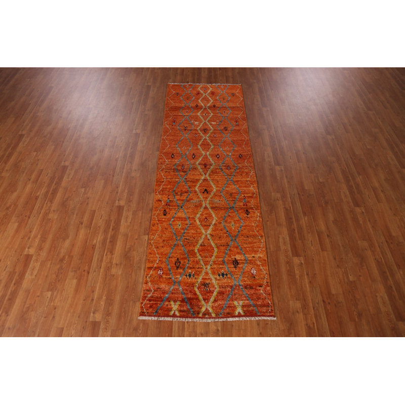 Orange Wool Moroccan Oriental Runner Rug 3x10