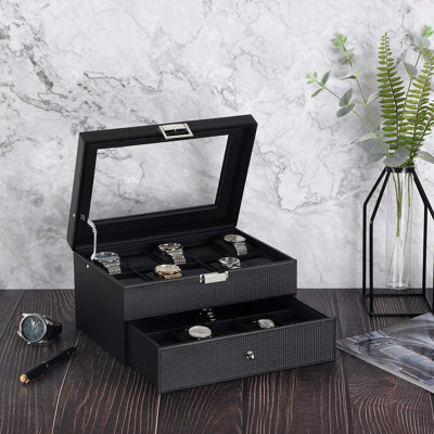 Organizer 20 Slots Display Metal Hinge Carbon Fiber Design Watch Box