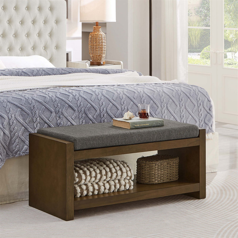 Charming Transitional Accent Bench with Storage and Removable Cushion, Granite