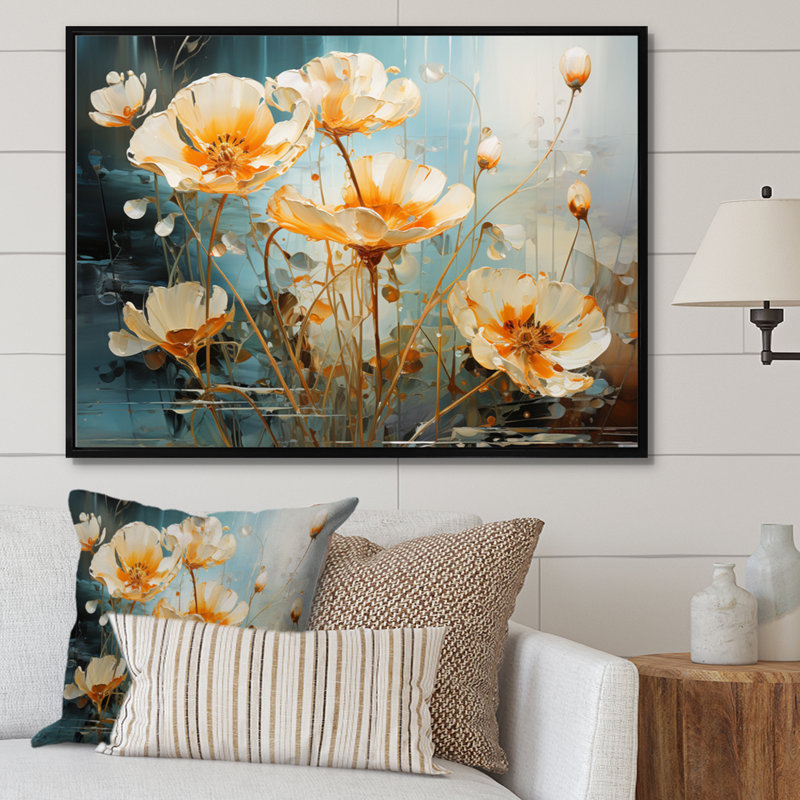 «Peach Buttercups Romantic Impression III», reproduction d'art sur toile, Cadre flottant noir, H 24 po x l 32 po x P 1 po