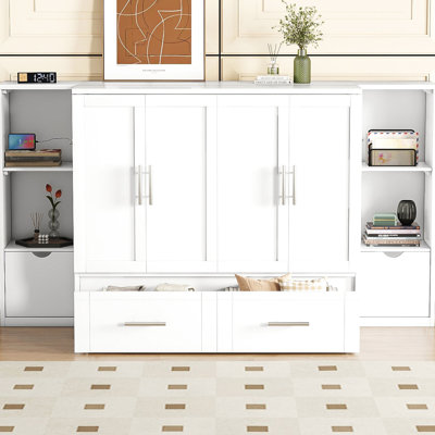 Grand lit avec rangement de tiroir élégant, tablettes et configurations de tablettes pratiques peu encombrantes, tiroirs