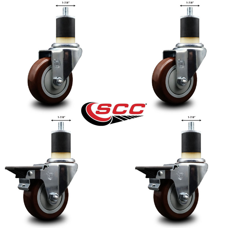 Ensemble de roulettes extensibles pivotantes en poly sur roulettes 2 freins SCC PLB 3,5 po x 1-7 / 8 po, Marron