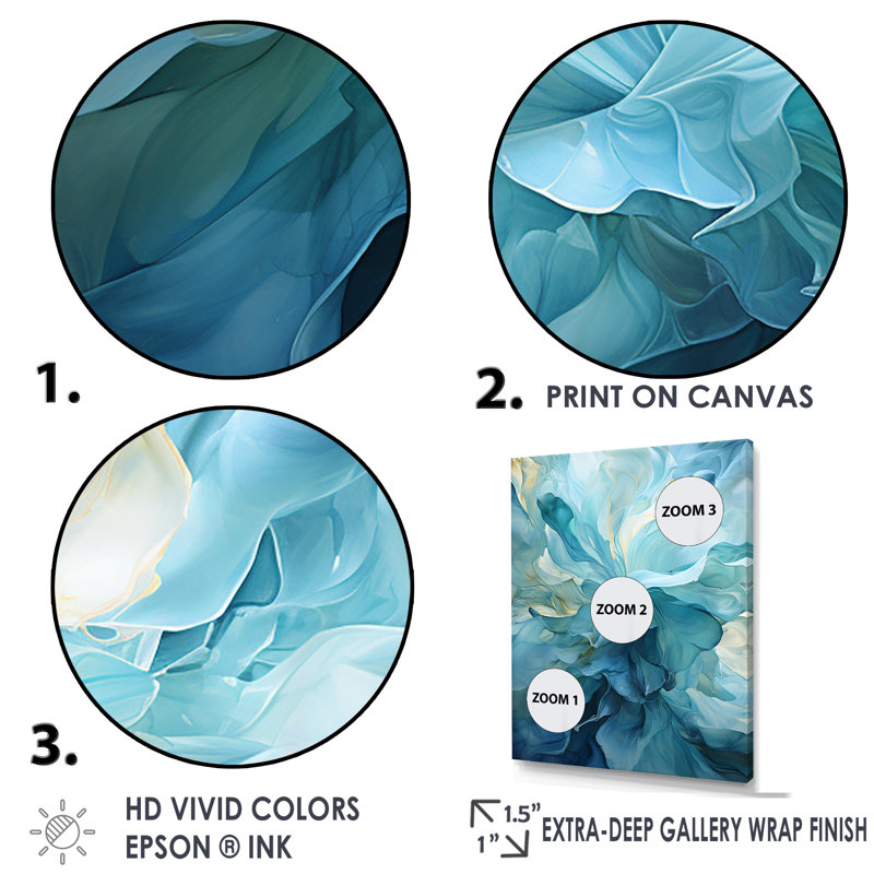 Aqua Blue and White Abstract Canvas Print with Gold Frame