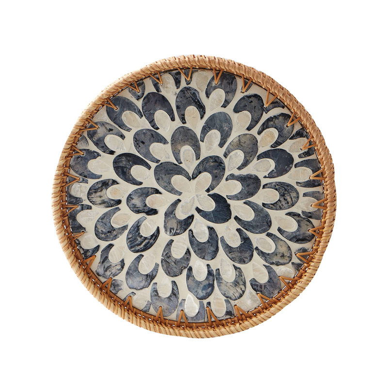Round Rattan Tray with Mother of Pearl Inlay and Wooden Base