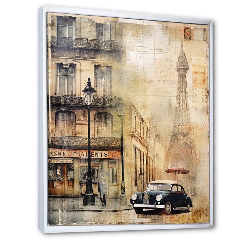 Paris Chronicles, collage rétro sur toile, H 44 po x l 34 po x P 1,5 po, Cadre flottant blanc