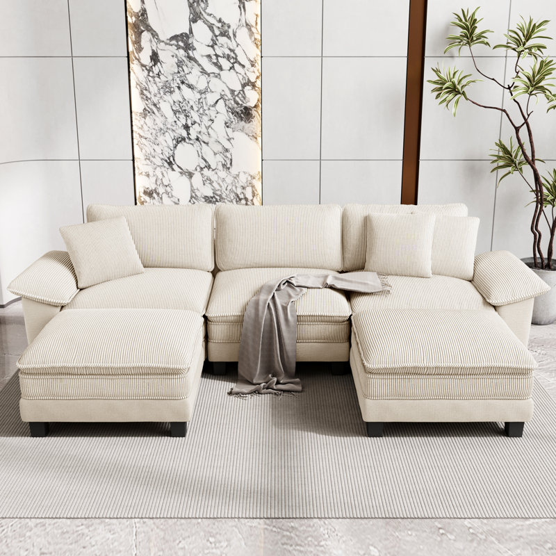 Sofa & Chaise, 5, Light Grey Corduroy