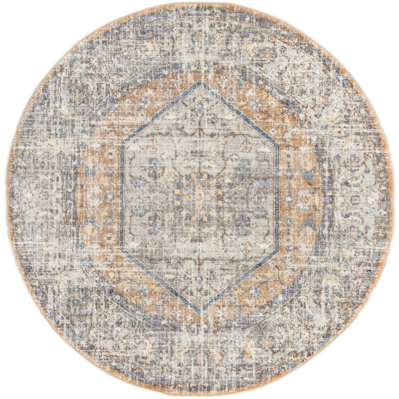Mattawa Oriental Power Loom Performance Peach/Blue Rug, Round 5'