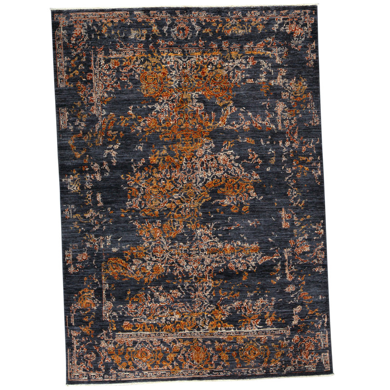 Tapis unique orange, bleu marine et noir de 5 pi 6 po x 7 pi 10 po One-of-a-Kind