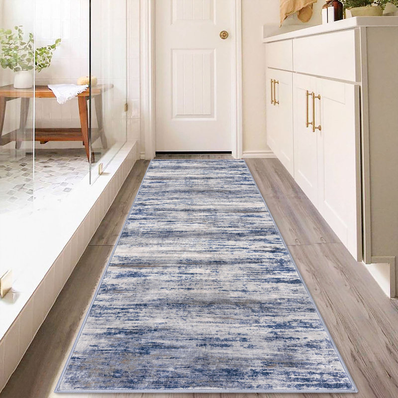Machine Washable Area Rugs Rubber Backed Rug for Bedroom Living Room, Runner 3' x 8', Blue/Gray