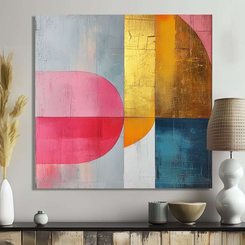 Motif géométrique abstrait géométrique doré rose et gris géométrique II, H 29,5 po x l 29,5 po