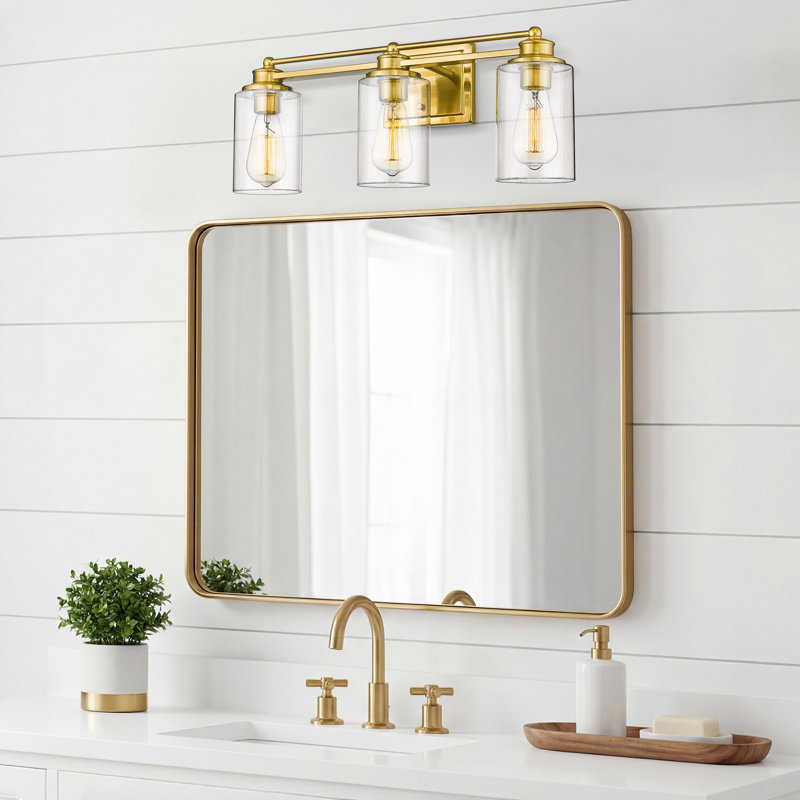 Éclairage pour meuble-lavabo 3 lumières avec abat-jour en verre transparent, Or