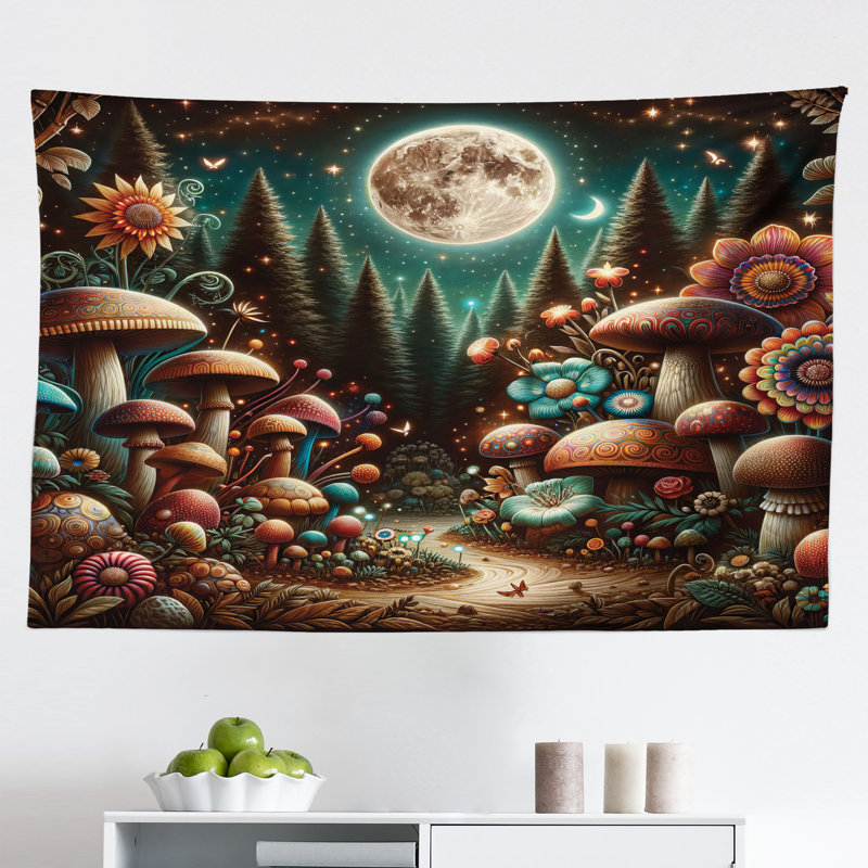 Winston Porter Aesthetic Wall Hanging Tapestry Trippy Ethnic Mushroom Dark Teal Purple Orange, H 30 po x l 45 po