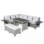 Ensemble de canapé modulaire en rotin de polyéthylène 5 pièces avec 2 tables d'appoint pliables, ensemble de mobilier de jardin en osier en forme de L avec table de salle à manger et banc, coussins-397946251