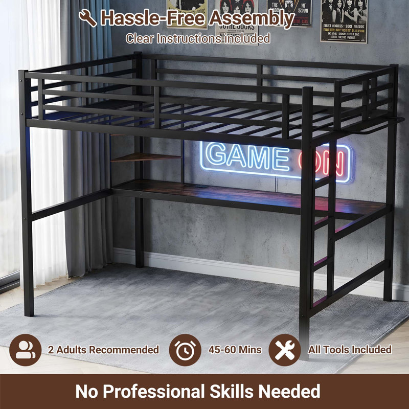 Twin XL Loft Bed with Desk and USB Charging Station, Noise-Free Metal Bed Frame for Small Spaces with LED