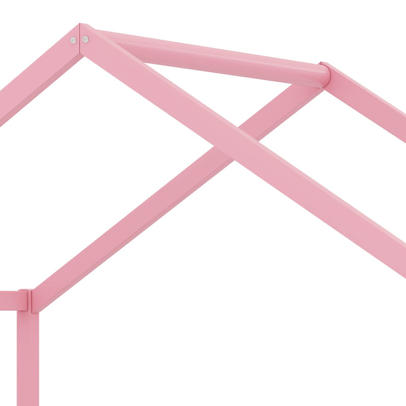 Lit simple au sol avec auvent, cadre de lit en forme de maison avec balustrades hautes, toit, Rose