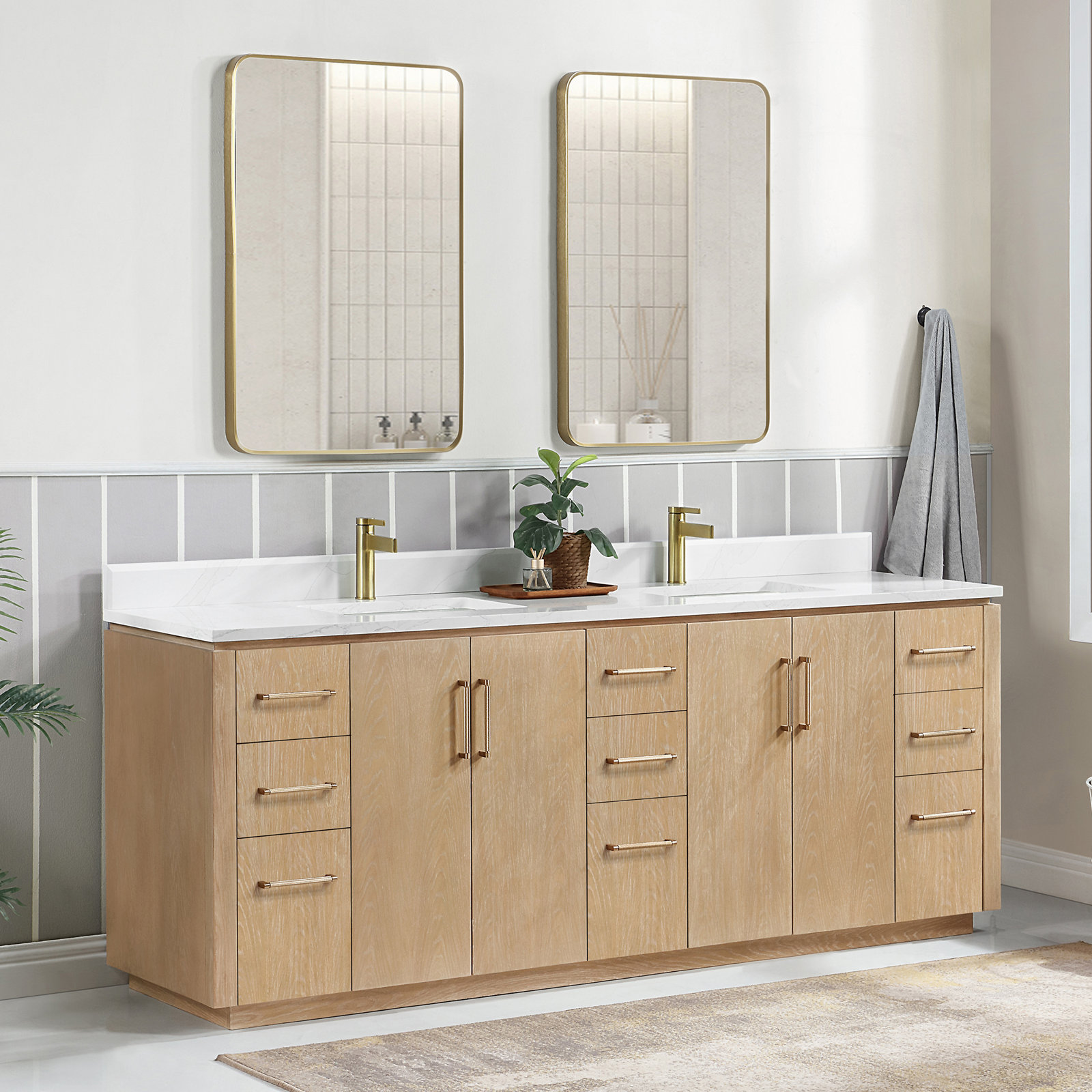 Cloverfield 84'' Double Bathroom Vanity, Gold, Washed Ash Gray