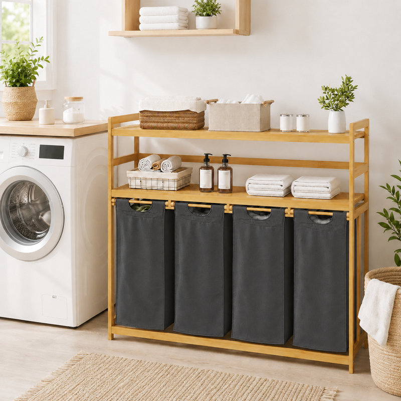Panier à linge et tablette de rangement en bambou avec panier à linge à 4 compartiments, Gris foncé, 200L - 2-Tier