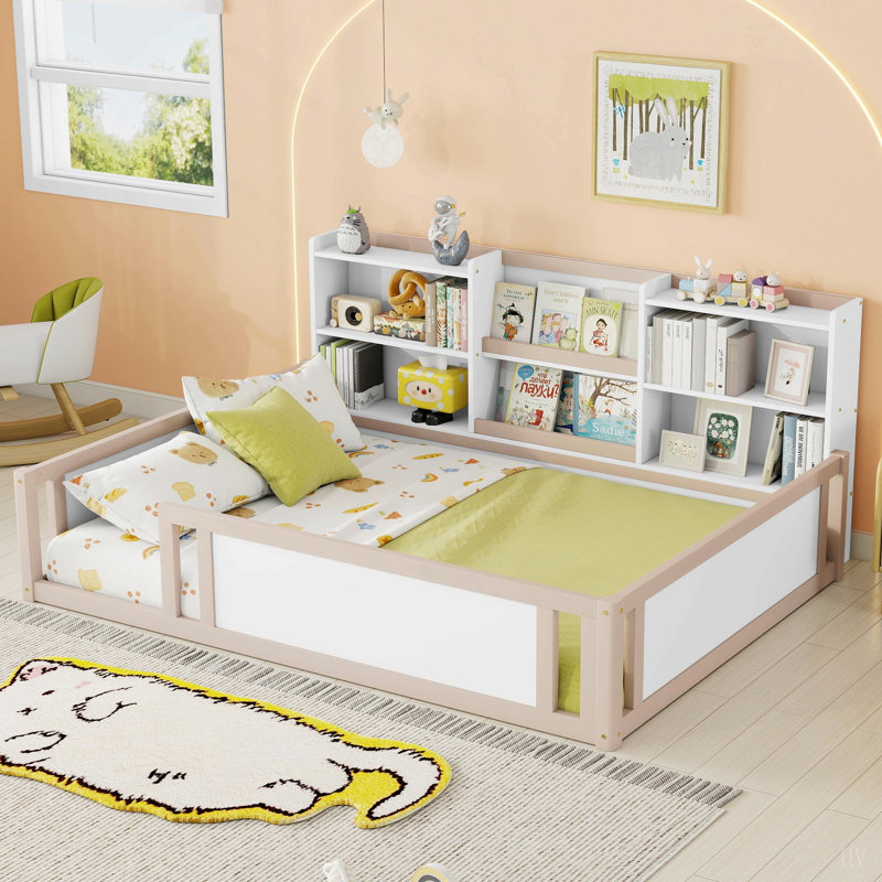 Lit plateforme en bois avec barrière de sécurité et tablettes de rangement latérales pratiques, base de lit pour enfant peu encombrante