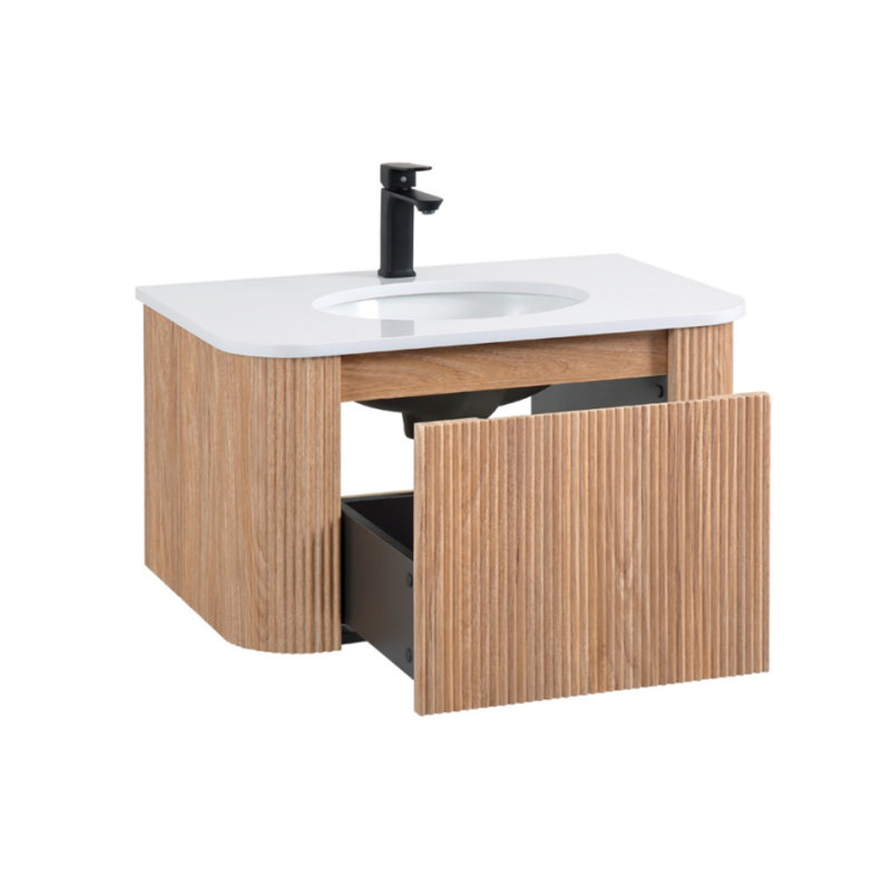 Meuble-lavabo flottant simple 30 po avec lavabo en céramique, comptoir en marbre artificiel, armoire à texture ondulée courbée avec tiroir à fermeture en douceur, bois naturel