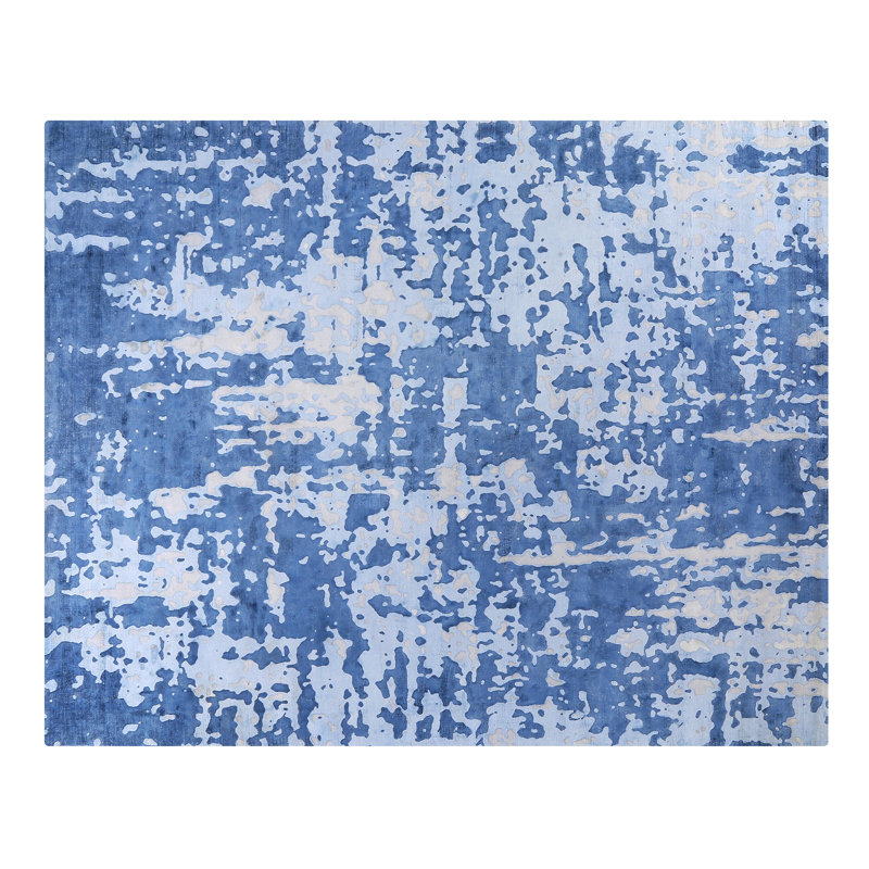 Tapis bleu bouclé fait à la main, Rectangle de 8 pi x 10 pi