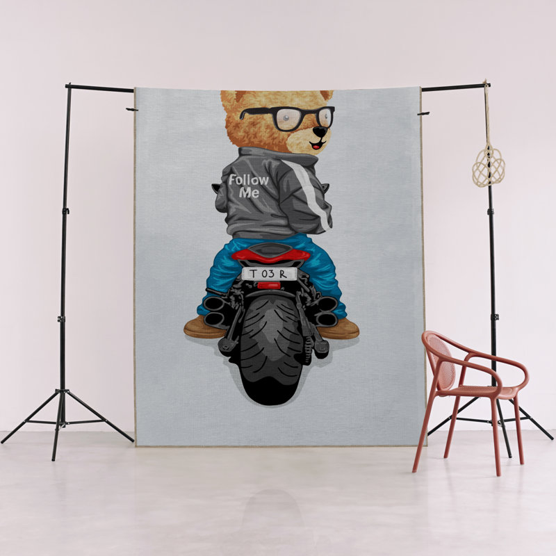 Multi-Coloured Retro Themed Motorized Teddy Bear Patterned Creative Modern Decorative Rug, Runner 3'3.37" x 9'10.11"
