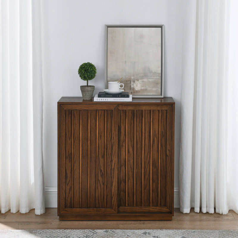 Mid Century Sideboard With 2 Sliding Doors, Solid Wood Decorative Features, For Living Room, Kitchen, Dining, Entryway, Hallway, Walnut Tone Cabinet Doors & Decoration, Spacious Storage Entry, Finish