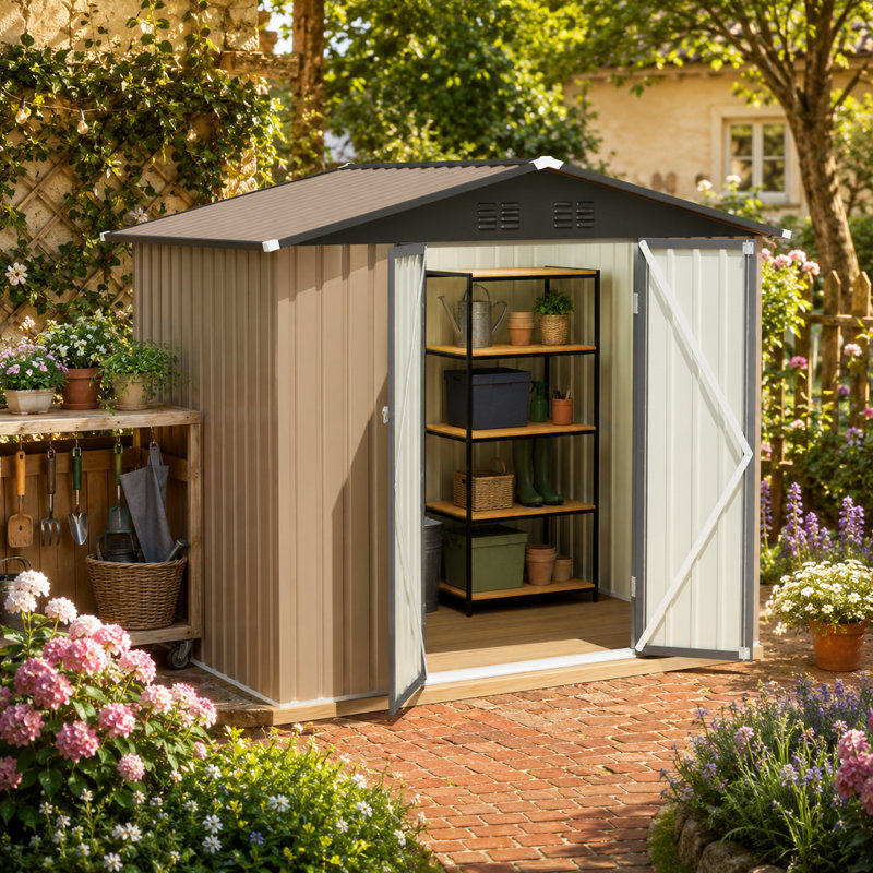 Abri de jardin en métal résistant aux intempéries avec structure renforcée, portes doubles et toit incliné