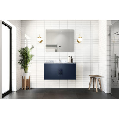 Navy Blue Vanity With Marble Countertop & Led Mirror - Stain-, Spacious Storage Chest, Soft Close Latch Long-Lasting Durability, Compartment, Fixture